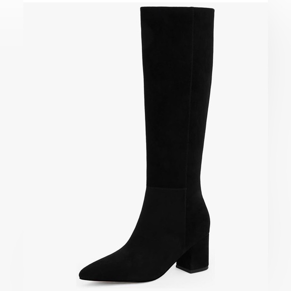 Knee High Boots Women Black Pointed Toe Chunky Heel Boots Side Zipper - Sz 8 - Picture 4 of 12